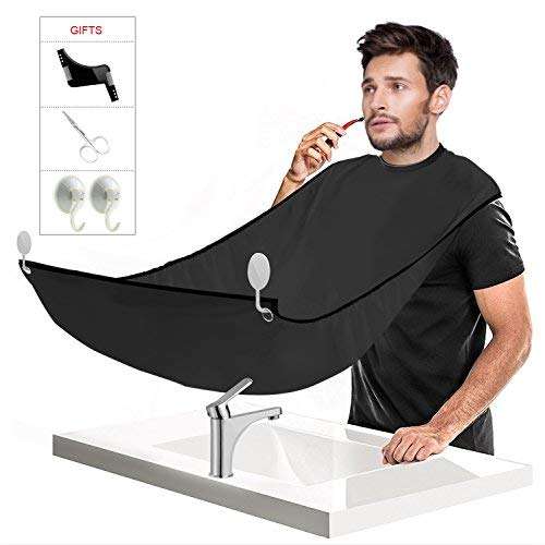 1DOT2 Professional Beard Shaving Apron and bib Hair Clippings Catcher & Grooming Cape Apron + Styling Template + Suction Cups Perfect Gift for Men (black/improvement) - Thumbnail 6