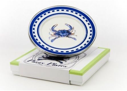 Golden Rabbit Enamelware, Blue Crab Party Plates, 4-piece giftboxed set of 8½ inch Sandwich Plates, 9 x 9 x 1½ inch gift box