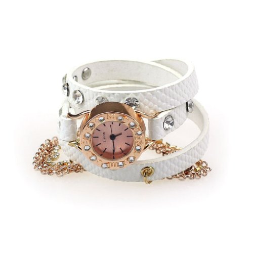 2014 Susenstore Leather Bracelet Rhinestone Rivet Chain Quartz Wrist Watch White
