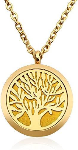 Gouraml Aromatherapy Essential Oil Diffuser Necklace Pendant Locket Jewelry Hypo-allergenic 316L Surgical Grade Stainless Steel 24 Inch Chain and 10pcs Washable pads (Gold tree of life)