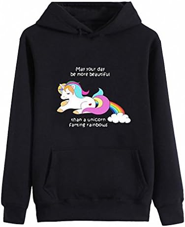 Autumn Kawaii Unicorn Hoodies Casual Female Unicorn Printed Long Sleeve Hooded Top Harajuku Sweatshirt Pullover WS2957E Black L