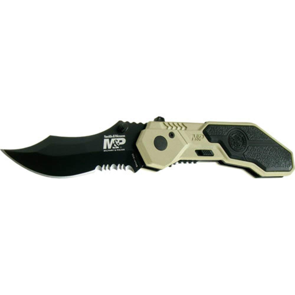 Smith & Wesson M&P SWMP1BSD Cuchillo plegable asistido SS de 7,1 pulgadas con hoja de punta de clip dentada de 2,9 pulgadas y mango de aluminio para táctica, supervivencia y EDC, negro