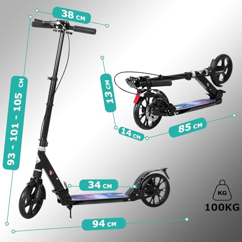 ISE Folding Scooter with 2 Aluminium Wheels, Adjustable Handlebar Height, Double Shock Absorption and Braking System, Ferris Wheel with Non-Slip Tyre, for Adults and Teens from 12 Years to 100 kg