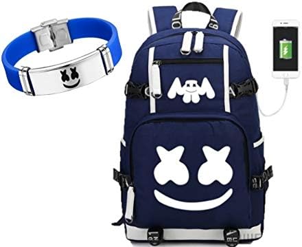 Teaspen Marshmello Luminous USB Charging Port Backpack Black Oxford Cloth Bag Includes Free Bracelet (Blue)