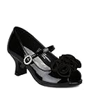 Little Angel AH60 Fabric Chiffon Floral Decor Peep Toe Mary Jane Kitty Heel Pump (Toddler / Little Girl / Big Girl) - Black