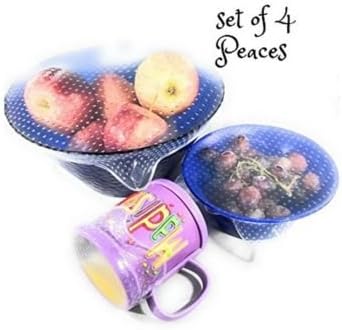 Silicone Food Wrap, Fresh Keeping Food Stretch Wrap Film Seal Cover, Safety-BPA free、FDA、SGS. (4 PIECES) (set of 4, 1x10+2x15+1x19 cm) Dishwasher and Freezer Safe (NO SMELL)