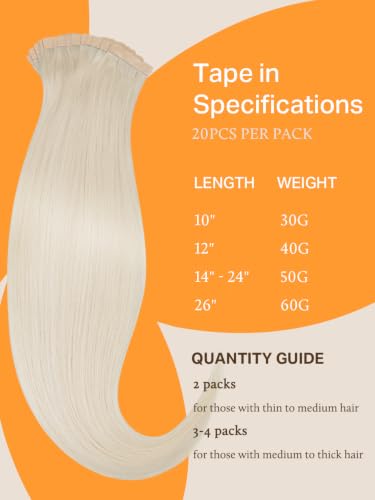 DOORES Natural Remy Straight Extensions, Platinum Blonde 35 cm 14 Inch 100 g 40pcs, Adhesive Extension Natural Hair Straight Skin Weft Remy Hair Extensions