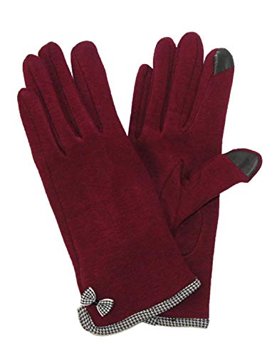 Womens Burgundy & Houndstooth Bow Stretch Fit Texting & Tech Touchscreen Gloves