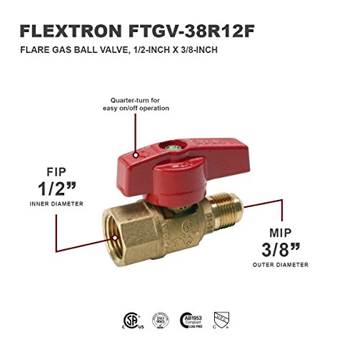Flextron FTGV-38R12F Gas Valve with 3/8 Inch Outer Diameter Flare x 1/2 Inch FIP Ball Valve Fittings for Gas Connectors with Quarter-Turn Lever Handle, Brass Construction, Corrosion Resistance