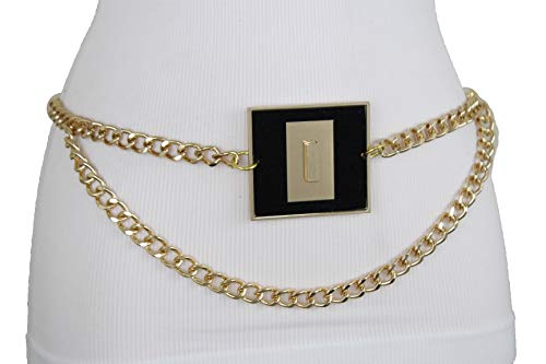 TFJ Women Gold Metal Chain Belt Hip High Waist Black Square Charm Buckle XS S M