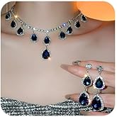 fxmimior Bridal Blue Rhinestone Tassels Teardrop Choker Necklace with Earrings Set Bride Wedding Necklace Earrings Sets Crystal Choker Necklaces Tassel Dangle Earring Costume Prom Jewelry for Women