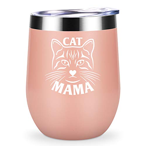 Cat Mama - LEADO 12 oz Stainless Steel Insulated Wine Tumbler with Lid and Straw, Unique Sippy Cup for Cat Moms, Cat Lovers, Funny Novelty Gift for Birthday, Valentines, Mother’s Day (Blush Gold)