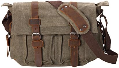 Thick High Density Canvas Messenger Bag Retro Vintage Rucksack, Travel Casual School College Shoulder Bag,Laptops up to 14 Inches (Army Green)