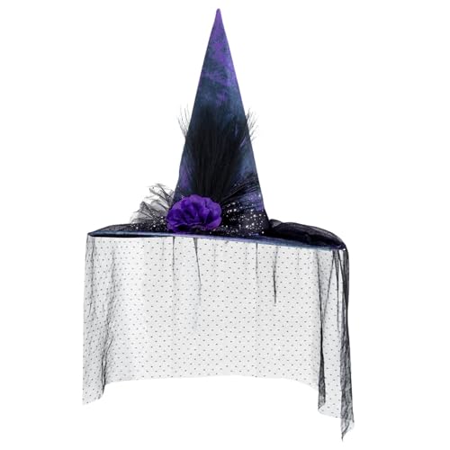 Gothic Mesh Purple Witch Hat Halloween Unisex Adult Witches Hat with Veil and Glitter Gauze & Floral Fancy Dress Costume Party Pointed Wizard Cap Cosplay Accessories for Christmas Masquerade Carnival