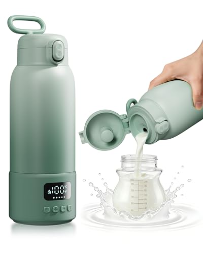 Portable Bottle Warmer for Travel, 17oz Large Capacity, 2-Min Fast Heating, Keep Warm Function, Long Battery Life, Ideal for Heating Breast Milk and Water On-the-Go, Green