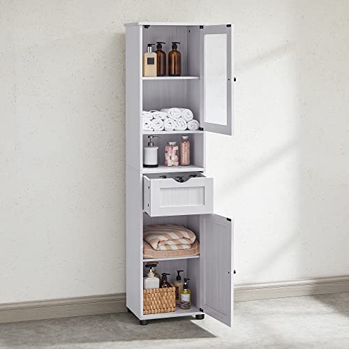 VASAGLE Armário Alto para Banheiro, Armário Estreito, com Prateleira Aberta, Porta de Vidro, Pés Resistentes à Água, Prateleiras com Altura Ajustável, que Economiza Espaço,Branco Ácer BRBBK163T44