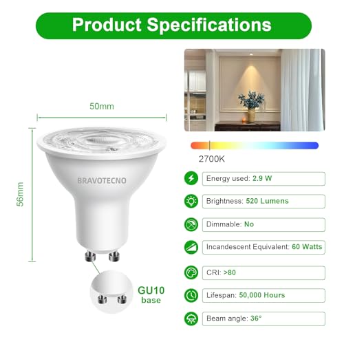 bravotecno GU10 LED Light Bulb, Energy Class A LED Warm White, 2700K 2.9W 520LM GU10 Spot Warm White Bulb Equivalent to 60 W, 36° Beam Angle, Not Dimmable, Low Heat & Durable, Pack of 12