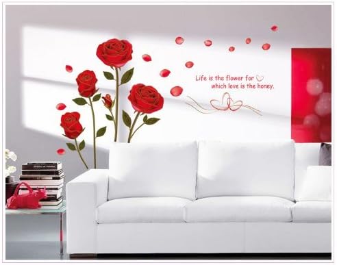 OneHouse Four Red Blooming Roses with Leaves and Love Quote Removable Wall Decal for Bedroom Living Room Wall Sticker