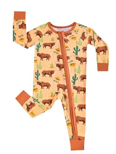 MOSSRIVER Bamboo Viscose Baby Boys Girls Long Sleeve Romper, Cute Prints Zipper Footless Jumpsuit, Baby Toddler One-Piece Outfits (Yak Orange, 3-6 Months) at Amazon