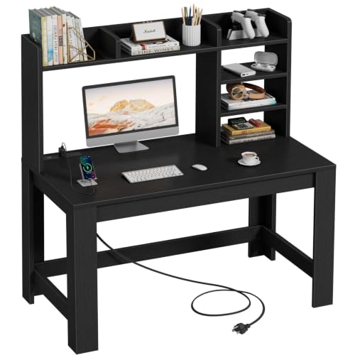 WINAZ 43" Black Gaming Desk with Hutch and Built-in Power Outlet