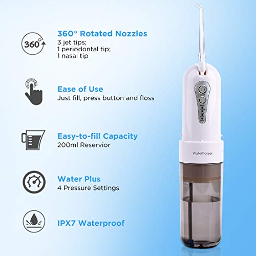 Water Flosser Cordless Oral Irrigator, Rechargeable Portable Dental Water Jet Flosser Teeth Cleaner with 5 Flosser Tips and 4 Flossing Modes, Travel and Home Water Dental Flosser