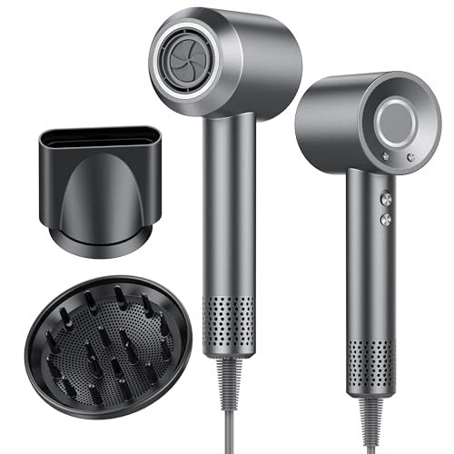 Hair Dryer, 160,000 RPM Professional Hair Dryer with 500 Million Negative Ions, 3 Speeds & 4 Temperature, Low Noise, Magnetic Diffuser and Nozzle Included