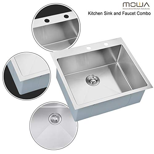 MOWA HMT2522 25" x 22" Pro Series Handmade 16 Gauge Stainless Steel Top Mount Drop In Single Bowl Kitchen Sink w/Sink Bottom Grid, Basket Strainer, Brushed Nickel Pull-down Faucet
