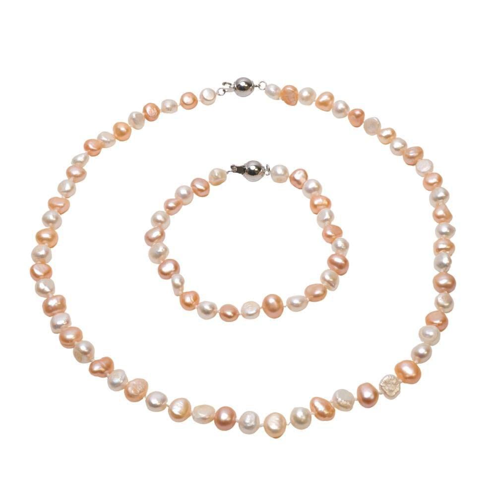 Treasure Bay Elegant Pink-White Pearl Jewellery Set for Womens and Girls Made From 7mm Natural Freshwater Pearls Necklace, Bracelet and Earrings