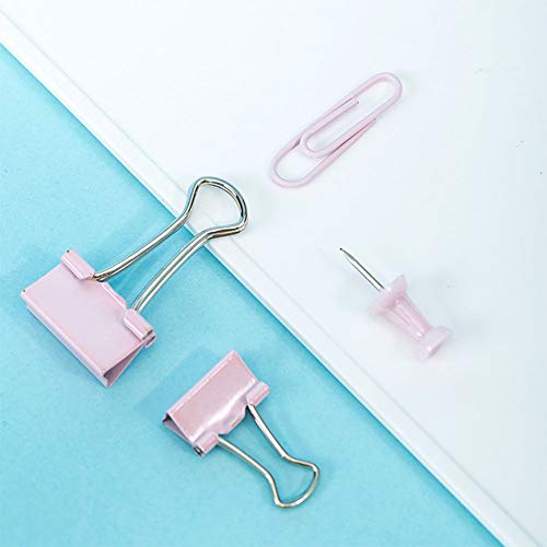 72 Pcs Office Supplies Kits,Including 22 Binder Clips/30 Paperclips/20 Push Pins Thumb Tacks,School Desk Accessories Organizer with Box for Office,School and Home Supplies Pink