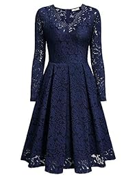 Mismay - Vestido de cóctel con escote en V, de manga larga y encaje floral para mujer