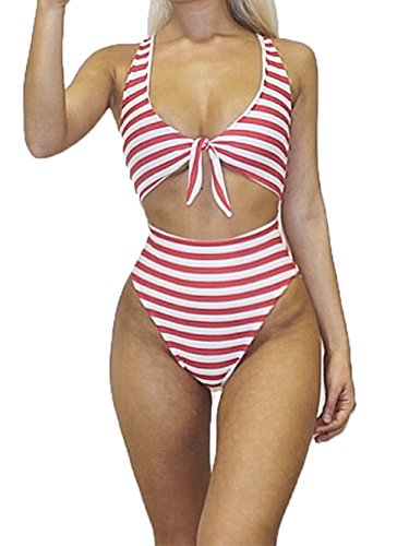 Famulily Women's Cut Out One Piece Bathing Suit Striped Swimsuit Tankini(M,White-Red Stripes)