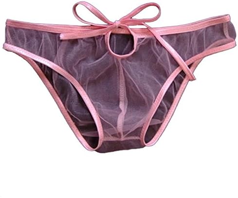 WenMei Men's Sexy Transparent gauze Underwear Bind bowknot Thong G-string Brief (Pink)