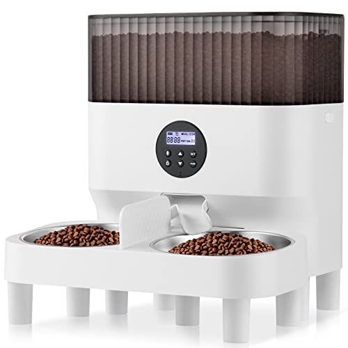 Comedero Automático para Dos Gatos, Dispensador con Dos Cuencos de Acero Inoxidable, Recordatorio de Voz 10s, hasta 80 Porciones y 4 Comidas al Día para Perros y Gatos, Blanco-5L