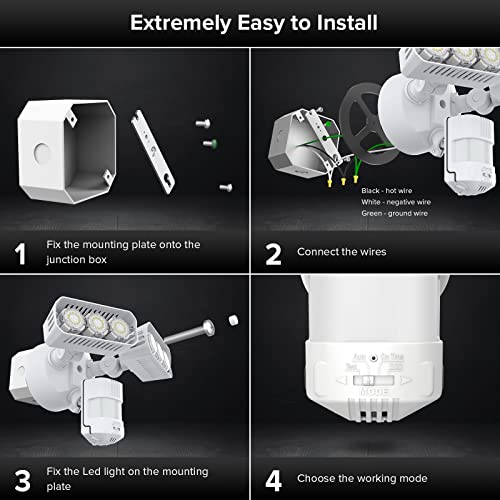 SANSI 38W 5000LM Luces de sensor de movimiento al aire libre, luces de inundación al aire libre con detector de 4 modos ajustables, equivalente a 500W 5000K de atardecer a amanecer, IP65 impermeable