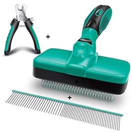 Ruff ‘n Ruffus Self-Cleaning Slicker Brush + 2 Free Bonuses | Steel Comb + Pet Nail Clippers |Grooming Supplies Great for All Breeds & Hair Types