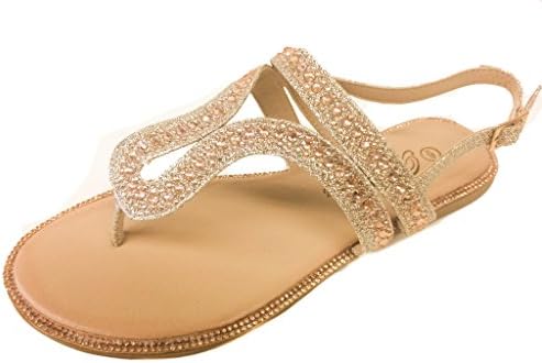 Bella Luna Amber-04 Rose Gold 5.5 Women Rhinestone Bejeweled Flat Sandal ~ T-Strap Thong Slide On ~ Slingback Ankle Strap Wedding Bridesmaid ~ RUNS ONE SIZE SMALL~