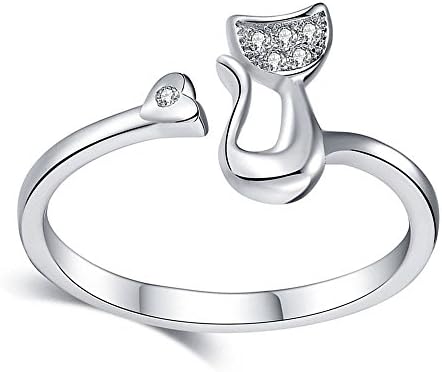Pink Universe Silver Tone Cute Meow Cat Jewelry Cat Ring with Gift Box