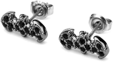 DC Comics Batman Symbol Stainless Steel with Black Gems Stud Earrings