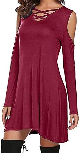 Ladies Dress,Women Soild Casual Round Neck Cross Bandage Long Sleeve Cold Shoulder Knee-Length Mini Dress