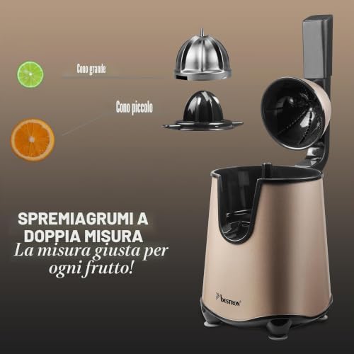 Spremiagrumi elettrico, spremiagrumi con funzione di arresto e filtro polpa in acciaio inox, con 2 coni, capacità 450 ml, leva soft pressa per un facile utilizzo, colore: beige