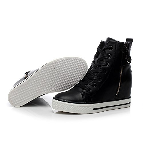 mewow Womens Casual High Top Wedge Hidden Heel Leather Shoes Fashion Sport Sneaker (6.5, Black)