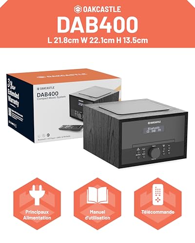 Mini HiFi CD Radio Dab+ | Bluetooth CD Player with 40W Speakers | Alarm Clock Radio with Dual Alarm, 99 Stations | USB, AUX, MP3 | Remote Control Included | Oakcastle DAB400