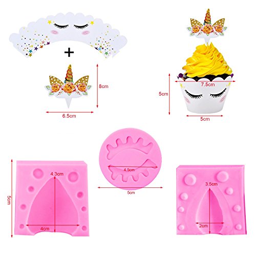 Kabi 5PCS Unicorn Silicone Cake Toppers Mold Set for Baking Cake Decoration Making Sugar Craft Candy Chocolate,with Unicorn Cupcake Toppers & Wrappers Double Sided 12 Sets