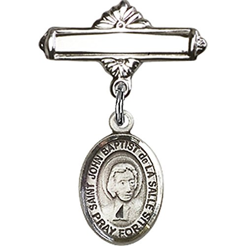 Sterling Silver Baby Badge with St. John Baptist de la Salle Charm and Polished Badge Pin 1 X 5/8 inches