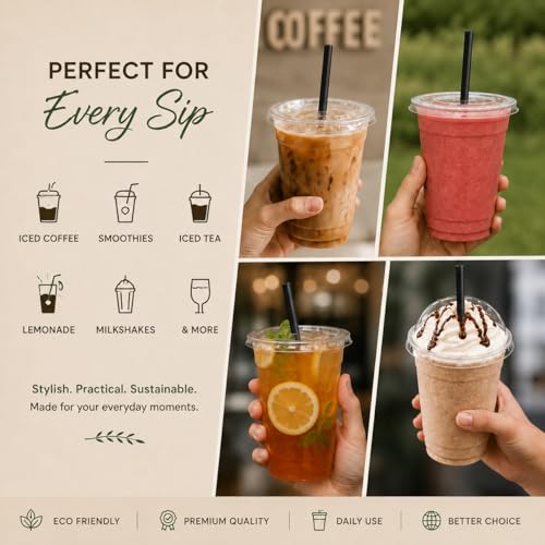 12oz 100 PCs Disposable Plastic iced coffee cups with lids and straws. Clear Disposable Plastic cups for Cold drink, iced coffee, Milkshakes, Smoothies, Juices. Eco friendly BPA free.