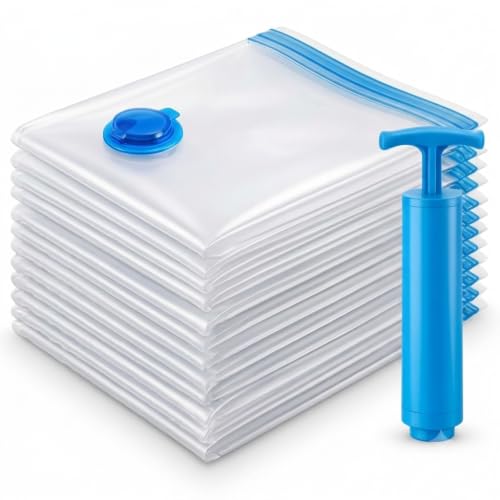 Kit 10 Sacos a Vácuo para Roupas 50x60cm com Bomba Manual — Saco Organizador a Vácuo Reutilizável e Impermeável para Viagem, Mala, Edredom e Armazenamento, Economiza até 80% de Espaço