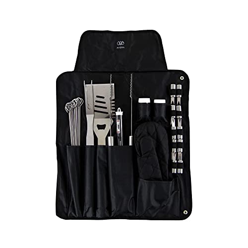 AVERA Utensilios para Asador 28 Piezas Acero Inoxidable, Incluye Mandil, Asadores, BBQ, Carne Asada, Accesorios Asador, Kit Asador, Kit Parrillero, ADA28