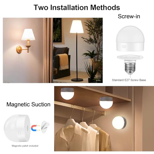 E27 Battery Operated Light Bulb, 2 Pack Rechargeable Cordless Bulbs with Remote Control, Detachable Magnetic Charging, Dimmable LED Bulb with 3 Color Temperatures & Timer for Lamps