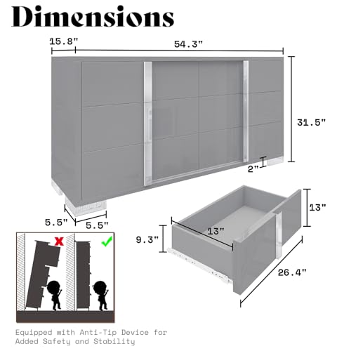 Jocisland 54" W High Gloss 6 Drawers Dressers with Silver Grooved Handles, Modern Storage Chest of Drawers with Wide Tabletop, for Bedroom/Dressing Room/Living Room, Grey