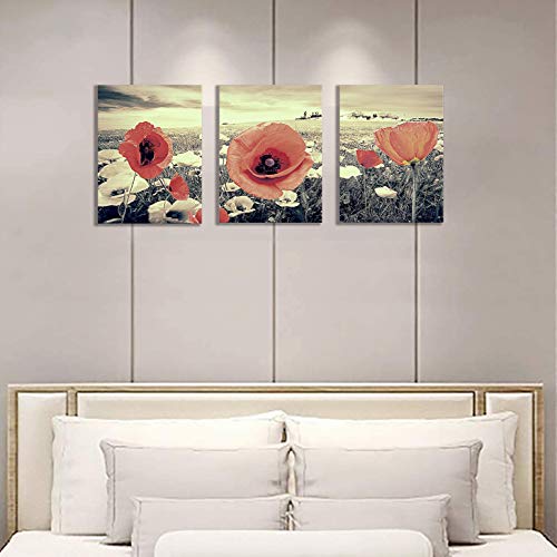 Canvas Wall Art for Living Room Red Poppy Decor Painting White and Black Background Floral Pictures Print Artwork 12x16inch x3Pieces